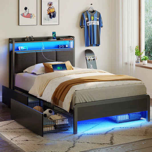 Franzi Bed with Storage Headboard, Bed Frame with 4 Storage Drawers, Charging Station and RGB LED Lights