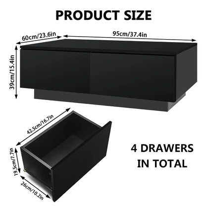 LED Coffee Table with 4 Drawers Center Cocktail Side Table Black High Gloss Finish